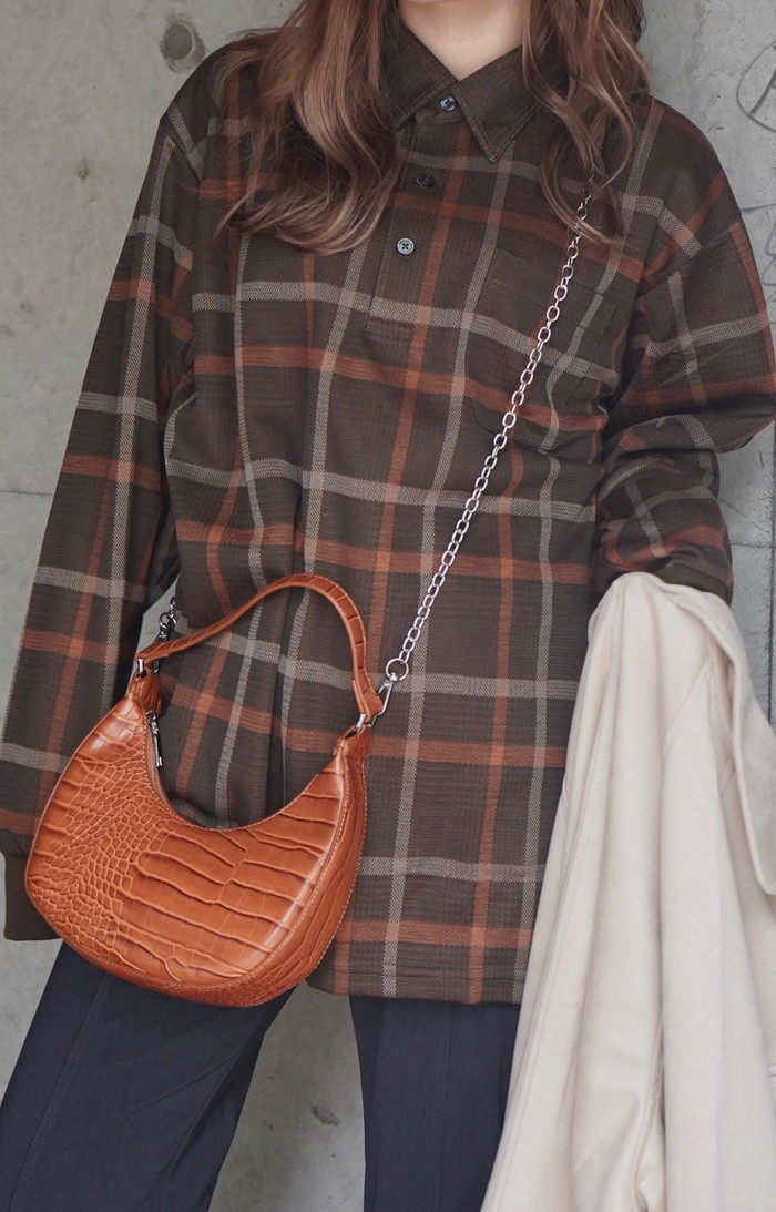 Oversized Check L/S Polo Shirts (brown) A.D.G レディース トップス Oversized Check L/S Polo Shirts (brown) A.D.G レディース トップス
