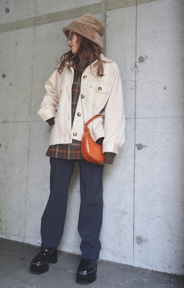 Oversized Check L/S Polo Shirts (brown) A.D.G レディース トップス Oversized Check L/S Polo Shirts (brown) A.D.G レディース トップス