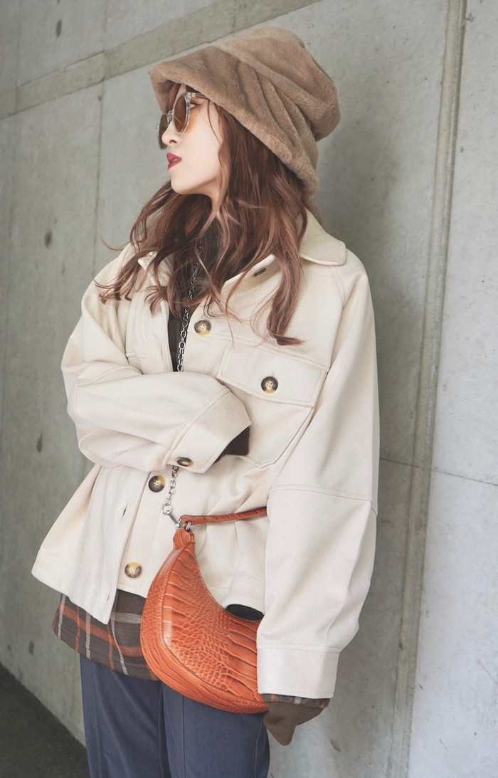 Oversized Check L/S Polo Shirts (brown) A.D.G レディース トップス Oversized Check L/S Polo Shirts (brown) A.D.G レディース トップス