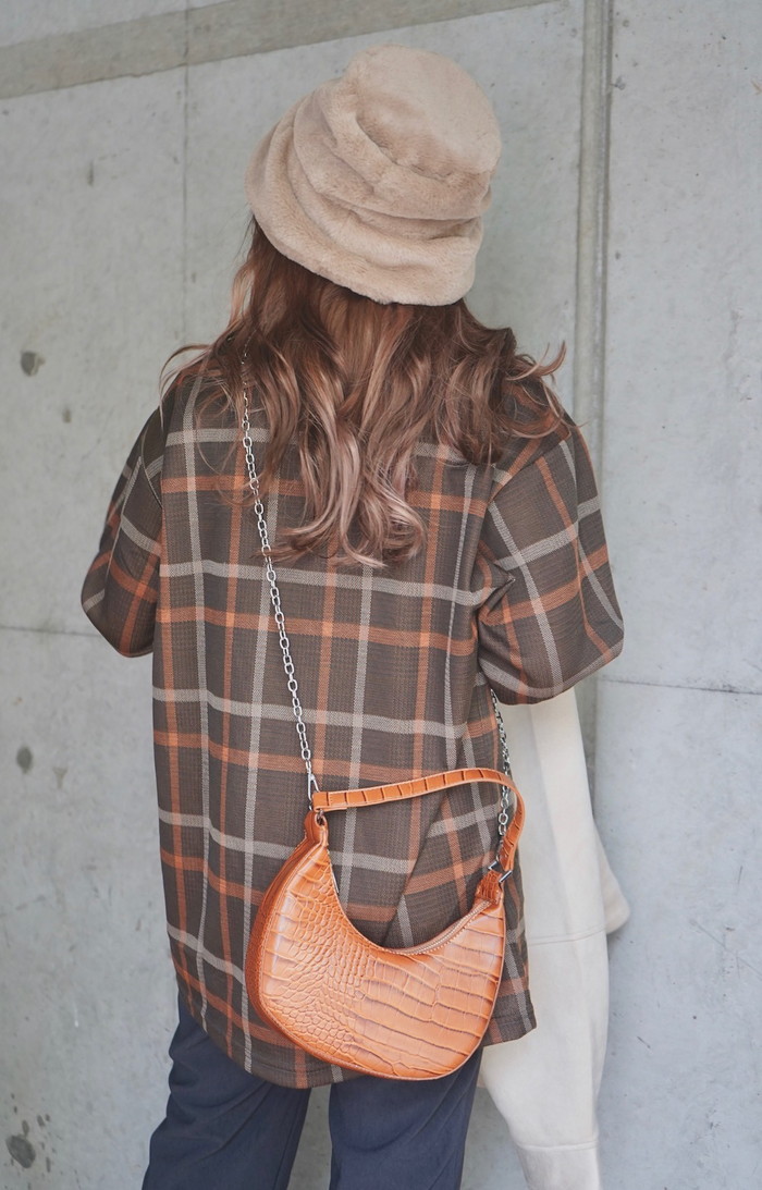 Oversized Check L/S Polo Shirts (brown) A.D.G レディース トップス Oversized Check L/S Polo Shirts (brown) A.D.G レディース トップス