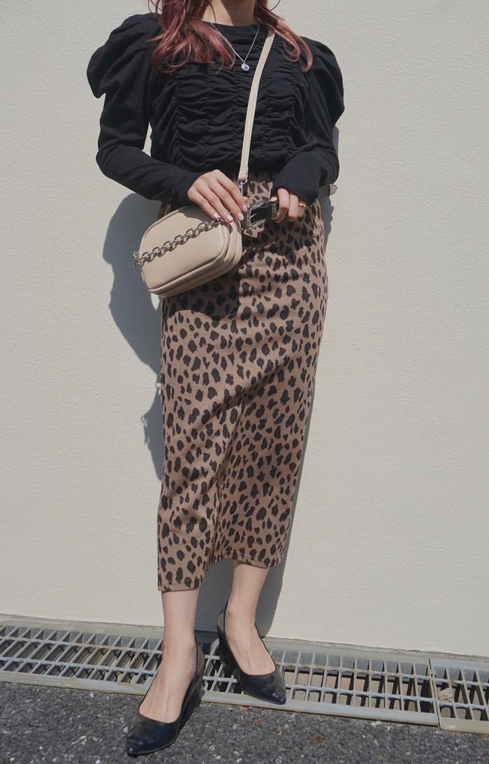 Leopard Stretch H-Line Long Skirt (brown) A,D,G レディース ボトムス