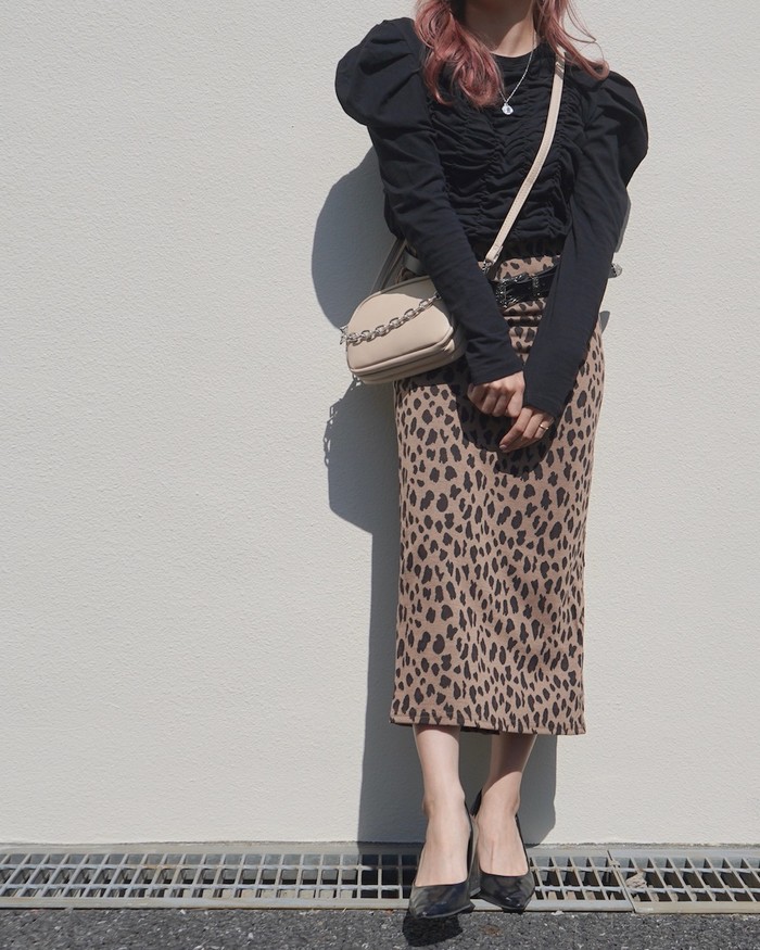 Leopard Stretch H-Line Long Skirt (brown) A,D,G レディース ボトムス