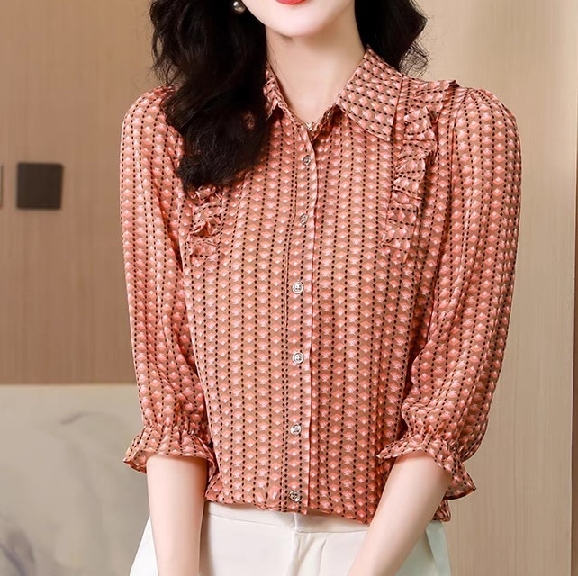 レディース トップス シャツ ブラウス 5分袖 7分袖 フェミニン 前開き ボタン かわいい 大人可愛い きれいめ おしゃれ かっこいい レトロ エレガント 存在感 抜け感 ヴィンテージ ラブリー