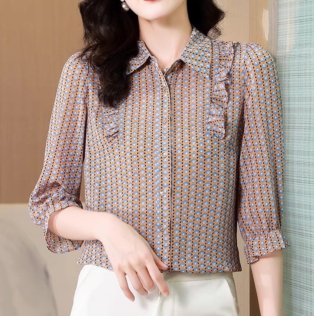 レディース トップス シャツ ブラウス 5分袖 7分袖 フェミニン 前開き ボタン かわいい 大人可愛い きれいめ おしゃれ かっこいい レトロ エレガント 存在感 抜け感 ヴィンテージ ラブリー