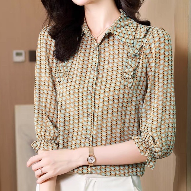 レディース トップス シャツ ブラウス 5分袖 7分袖 フェミニン 前開き ボタン かわいい 大人可愛い きれいめ おしゃれ かっこいい レトロ エレガント 存在感 抜け感 ヴィンテージ ラブリー