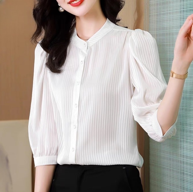 レディース トップス シャツ ブラウス 5分袖 7分袖 フェミニン 前開き ボタン かわいい 大人可愛い きれいめ おしゃれ かっこいい レトロ エレガント 存在感 抜け感 ヴィンテージ ラブリー