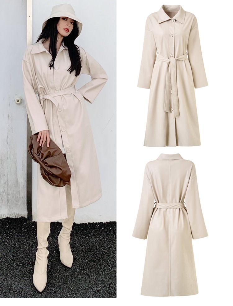 今季トレンドロングレザーコート PUフェイクレザー エコレザージャケット ロングセクション 大人気