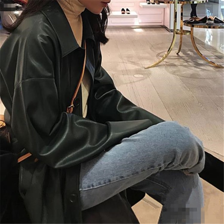 今季トレンドロングレザーコート PUフェイクレザー エコレザージャケット ロングセクション 大人気
