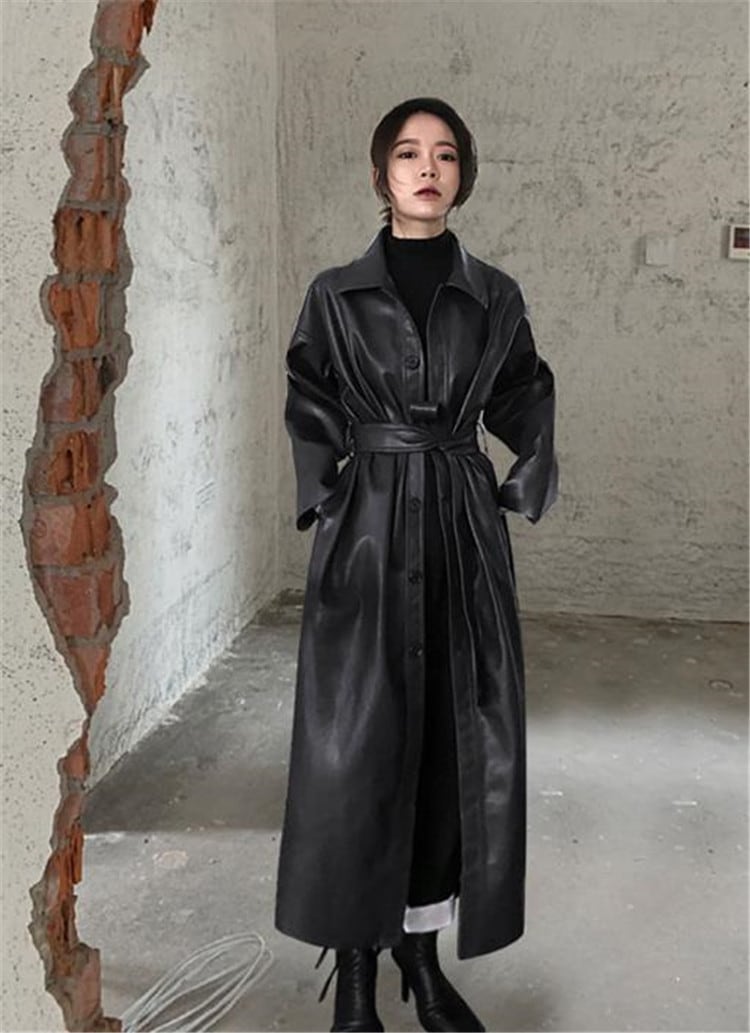 今季トレンドロングレザーコート PUフェイクレザー エコレザージャケット ロングセクション 大人気