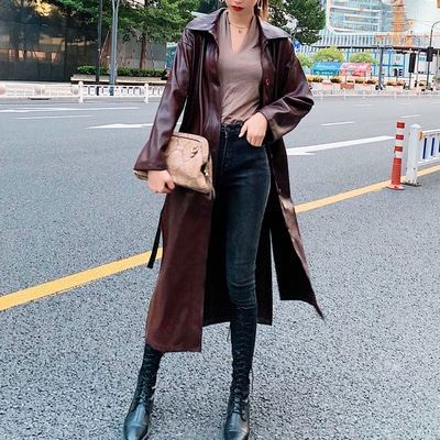 今季トレンドロングレザーコート PUフェイクレザー エコレザージャケット ロングセクション 大人気