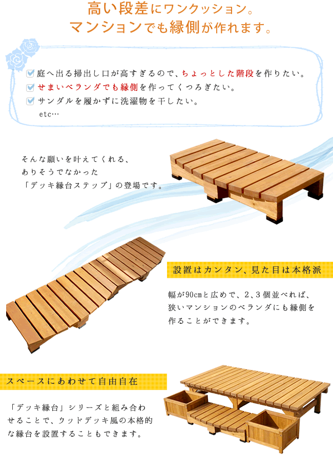 【デッキ縁台ステップ】幅90cm コンパクトサイズ／高耐久＆屋外対応／木目調ナチュラルデザイン