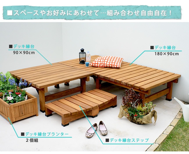 【デッキ縁台ステップ】幅90cm コンパクトサイズ／高耐久＆屋外対応／木目調ナチュラルデザイン