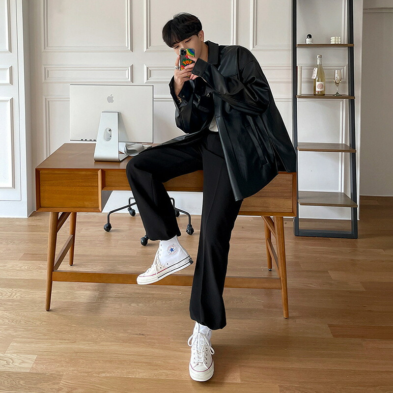 スラックス メンズ 秋 ワイドパンツ 九分丈 ストラップ付き シンプル