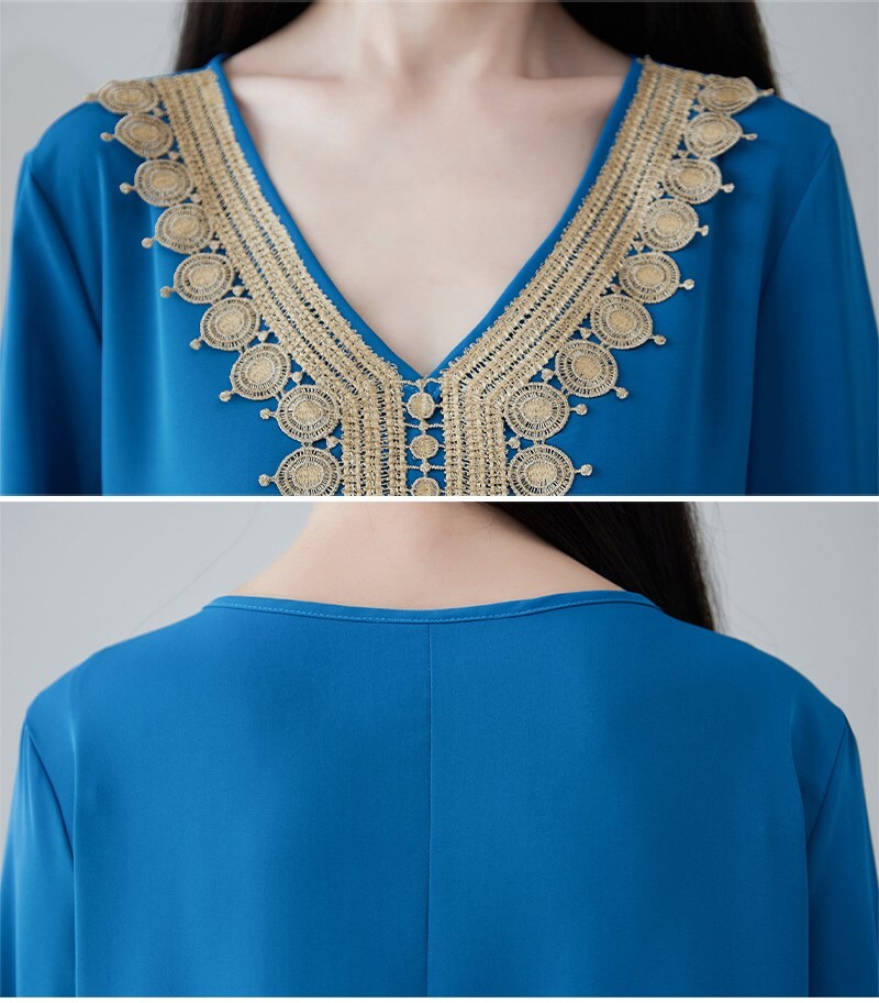 ワンピース フレアワンピース ワンピドレス ロング丈 マキシ丈 長袖 萌袖 Vネック フレア セミフレア ワイド 刺繍 大人可愛い シンプル カジュアル おしゃれ お洒落 アジアン エスニック