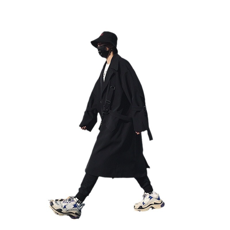 デザイナーズ非対称オーバーサイズトレンチコートメンズゆったりミドル丈変則ストラップコートコート