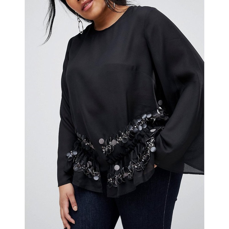 ロストインク レディース トップス【Lost Ink Plus Wide Sleeve Top With Premium Sequin Embellished Hem】Black ロストインク レディース トップス【Lost Ink Plus Wide Sleeve Top With Premium Sequin Embellished Hem】Black