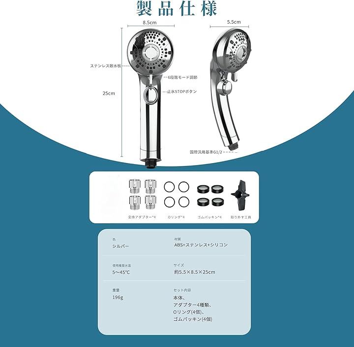 自宅でヘッドスパ体験ヘッドスパシャワーヘッド6段階水流・ポイントマッサージモード搭載マイクロナノバブル G1/2規格 6モード バス用 手元止水(ホワイト)