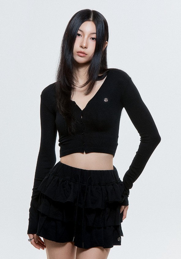 (DUC) V-Neck Crop Cardigan Black & Gray レディース服 韓国 ボタン (DUC) V-Neck Crop Cardigan Black & Gray レディース服 韓国 ボタン