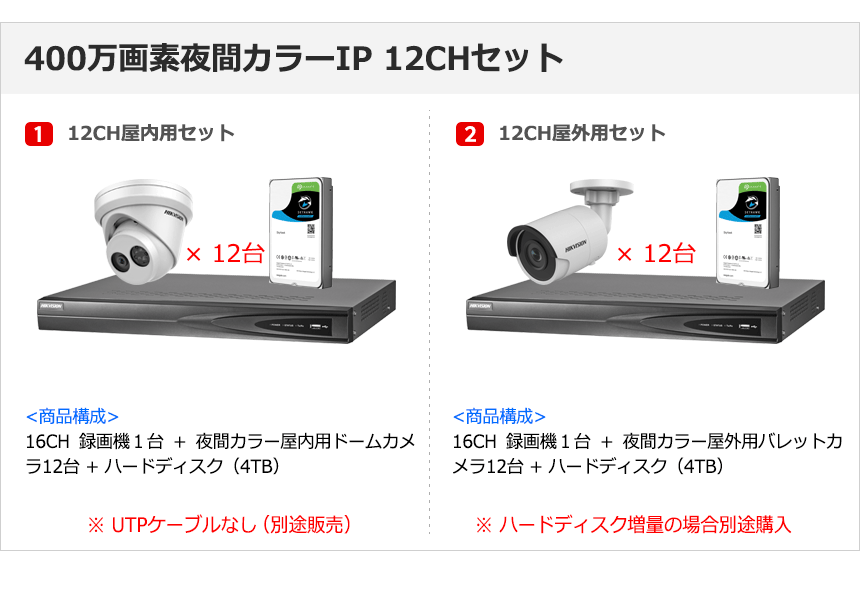 [IP-4M] 夜間カラー防犯カメラ 夜間カラー監視カメラ FULL HD 400万画素 IP CCTV 12CH UTPケーブル DS-2CD2345FWD-I DS-2CD2045FWD-I D
