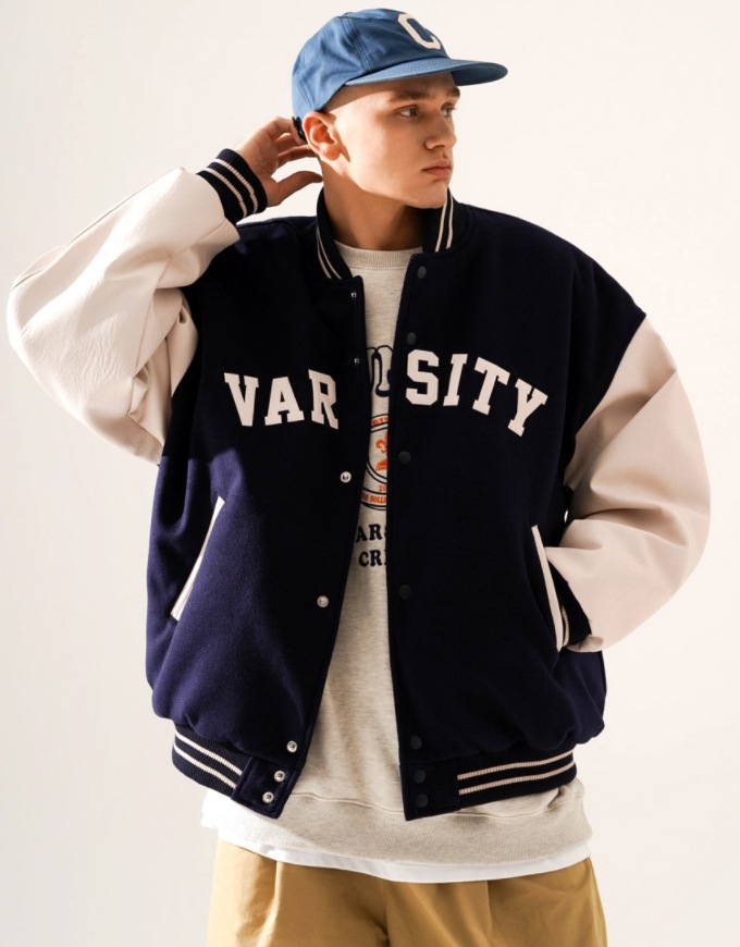 TWNのVarsity Crew Jacket 全3色 Oversized W Collarless Varsity Jacket | boohoo