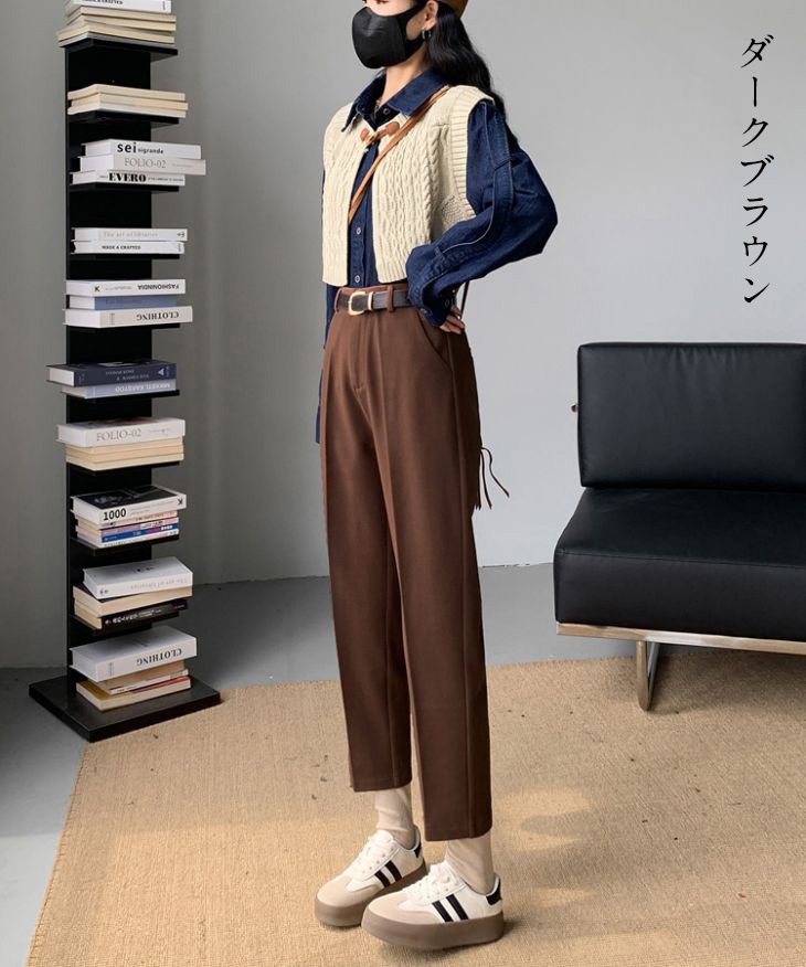 半額クーポン対象ボトムス センタープレス テーパード パンツ ポケット付き ハイウエストパンツ カジュアル 秋冬 おすすめ レディース オシャレ トレンド 人気 プチプラ 韓国ファッション16215-