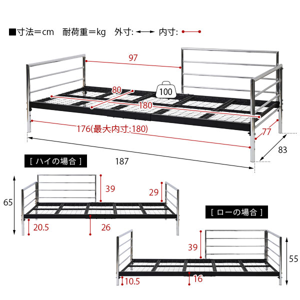 ベッドフレーム パイプベッド セミシングル ベッド 180 190 フレーム 収納 柵 手すり 通気性 安い