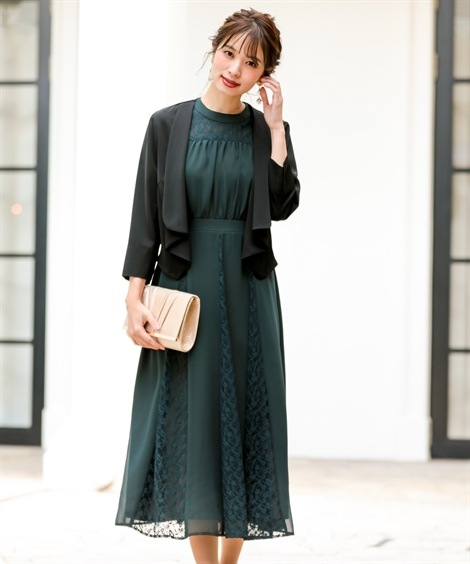 ドレス 結婚式パーティードレス 2点セットドレス レースシフォン切替ワンピースドレス＋ショールカラージャケットボレロ 大きいサイズ有