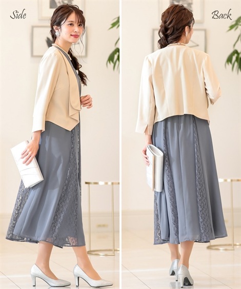 ドレス 結婚式パーティードレス 2点セットドレス レースシフォン切替ワンピースドレス＋ショールカラージャケットボレロ 大きいサイズ有