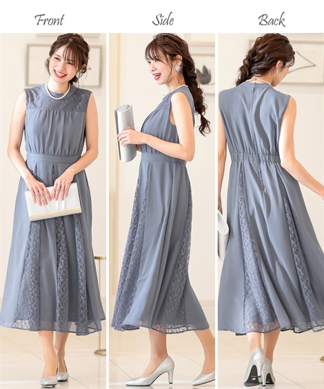 ドレス 結婚式パーティードレス 2点セットドレス レースシフォン切替ワンピースドレス＋ショールカラージャケットボレロ 大きいサイズ有