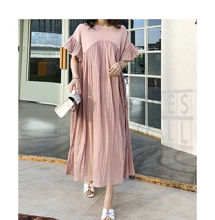 【在庫一掃】ロングワンピース 半袖 マキシワンピース プリーツ 切り替え 可愛い 大きめ きれいめ 柔らかい パーティー 演奏会 発表会 卒業式 レディースファッション 20代 30代 40代 50代