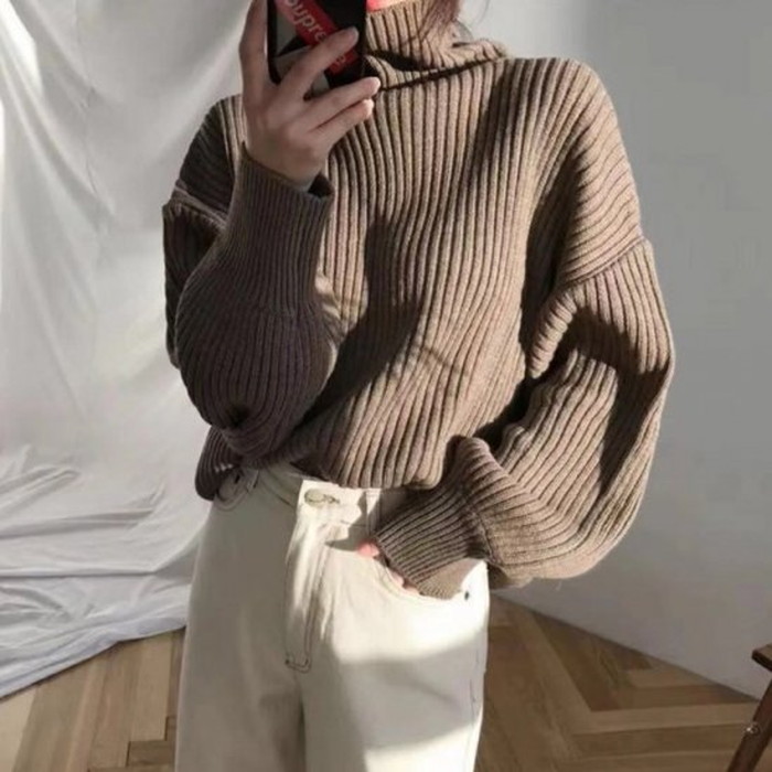 秋冬 4color ドロップショルダー リブ タートルネック トップス ニット ボリューム袖 秋冬 4color ドロップショルダー リブ タートルネック トップス ニット ボリューム袖