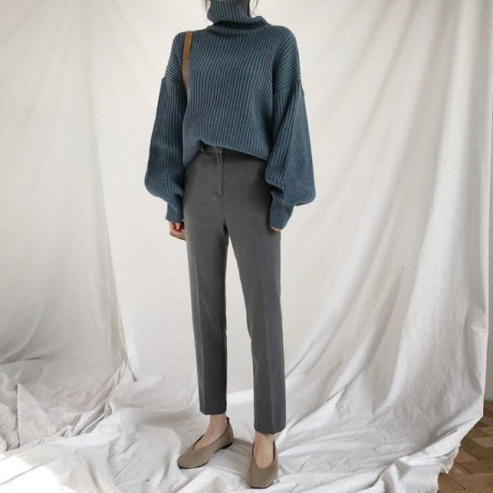 秋冬 4color ドロップショルダー リブ タートルネック トップス ニット ボリューム袖 秋冬 4color ドロップショルダー リブ タートルネック トップス ニット ボリューム袖