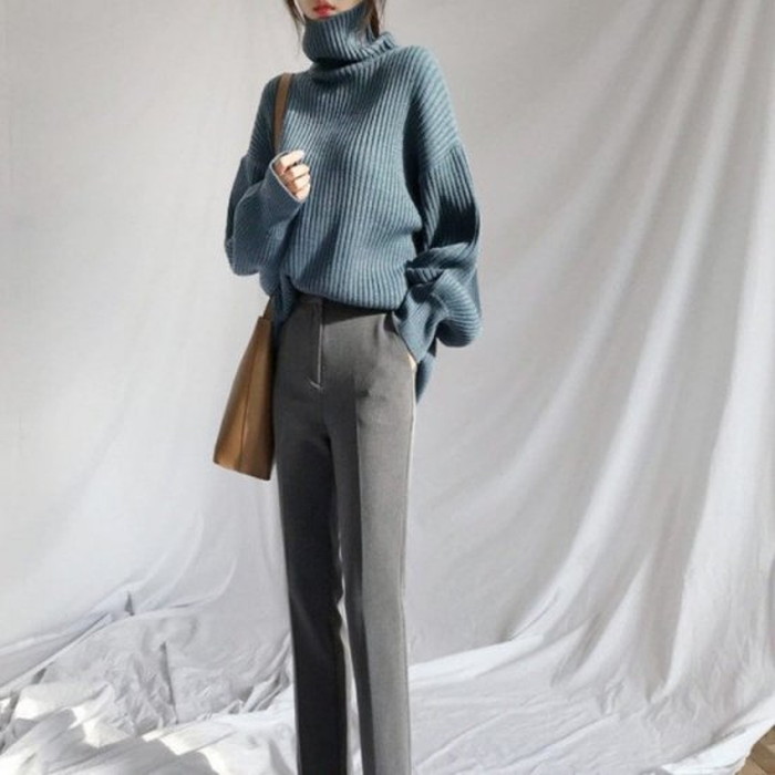 秋冬 4color ドロップショルダー リブ タートルネック トップス ニット ボリューム袖 秋冬 4color ドロップショルダー リブ タートルネック トップス ニット ボリューム袖