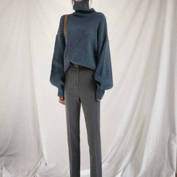 秋冬 4color ドロップショルダー リブ タートルネック トップス ニット ボリューム袖 秋冬 4color ドロップショルダー リブ タートルネック トップス ニット ボリューム袖