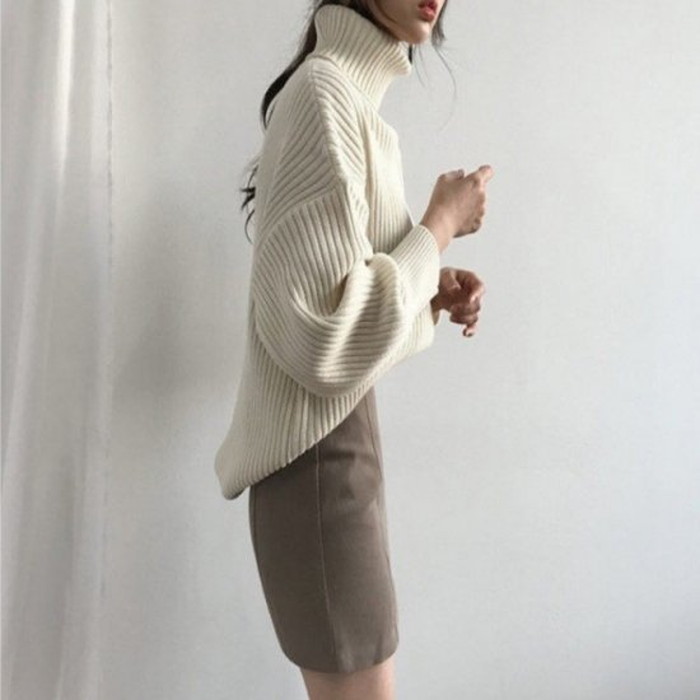 秋冬 4color ドロップショルダー リブ タートルネック トップス ニット ボリューム袖 秋冬 4color ドロップショルダー リブ タートルネック トップス ニット ボリューム袖