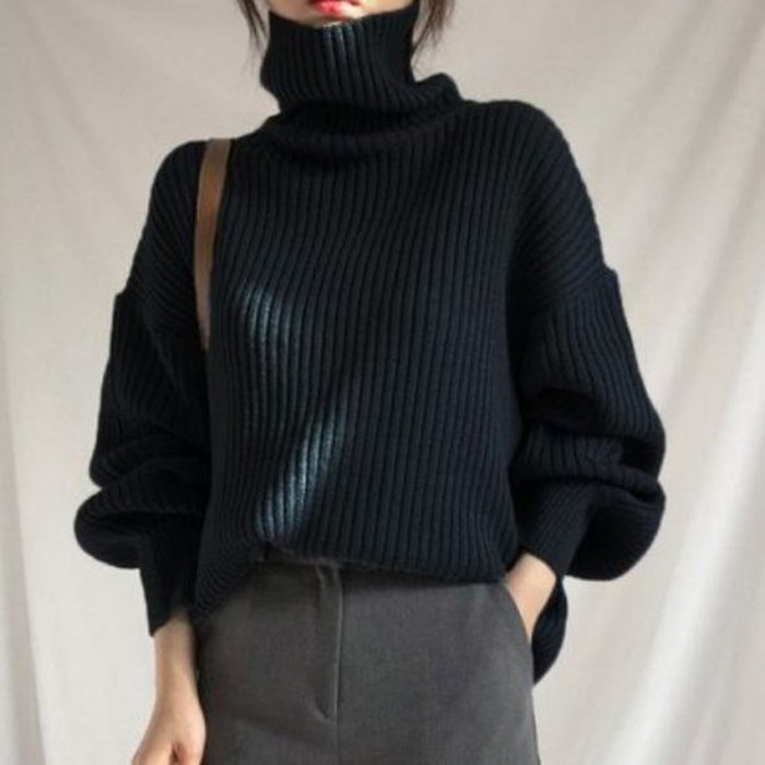 秋冬 4color ドロップショルダー リブ タートルネック トップス ニット ボリューム袖 秋冬 4color ドロップショルダー リブ タートルネック トップス ニット ボリューム袖