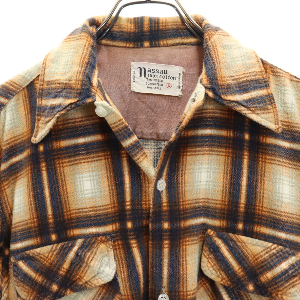 nassau 70s ヴィンテージ チェック柄 長袖 ネルシャツ S イエロー系 メンズ