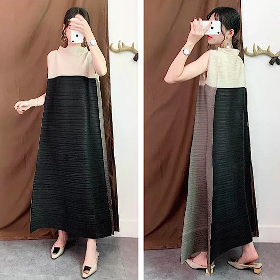 【取寄：納期2週間】ワンピース バイカラー フレア こなれ感 マキシ丈 ノースリーブ レディース 無地 体型カバー