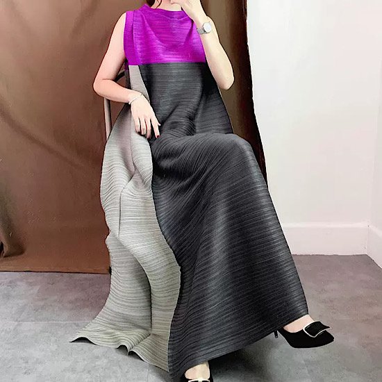 【取寄：納期2週間】ワンピース バイカラー フレア こなれ感 マキシ丈 ノースリーブ レディース 無地 体型カバー