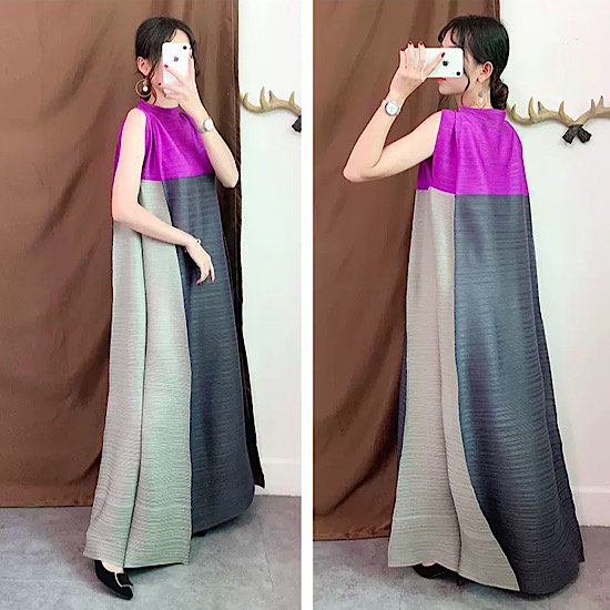 【取寄：納期2週間】ワンピース バイカラー フレア こなれ感 マキシ丈 ノースリーブ レディース 無地 体型カバー