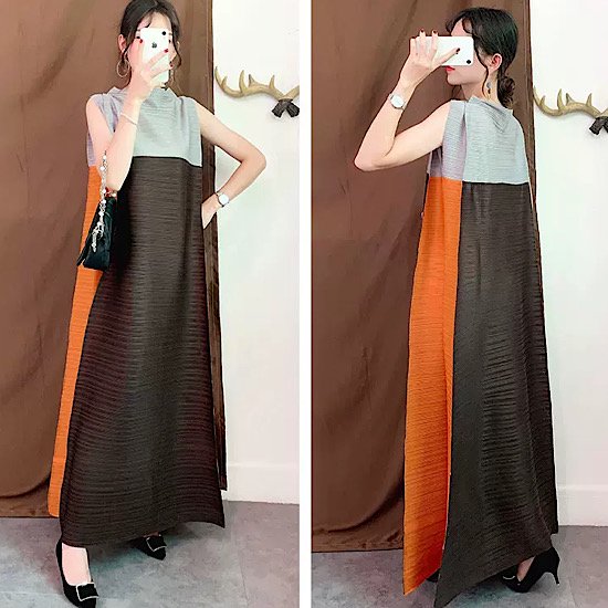 【取寄：納期2週間】ワンピース バイカラー フレア こなれ感 マキシ丈 ノースリーブ レディース 無地 体型カバー