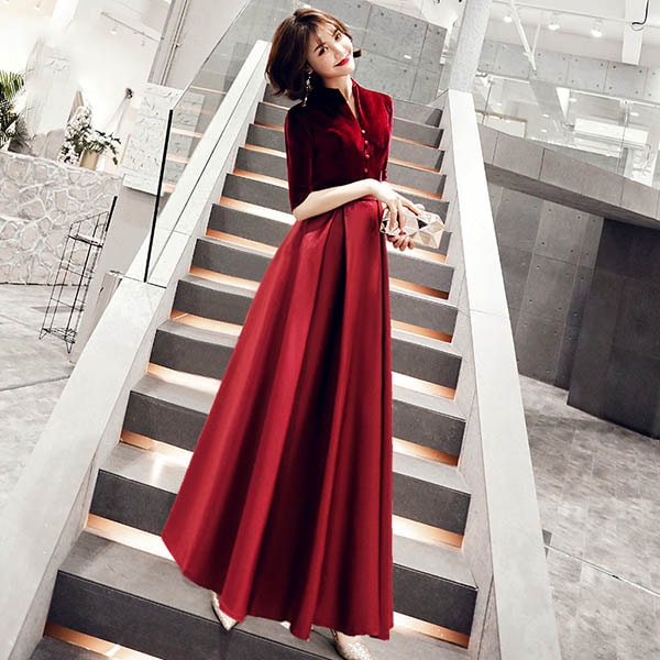 HOT!!!ドレス 大人 ピアノ 発表会 ロングドレス 演奏会 結婚式 母親 ピアノ発表会 黒 袖付き ロング 成人式ドレス ワンピース ブラック ワインレッド Aライン 長袖 可愛い セクシー