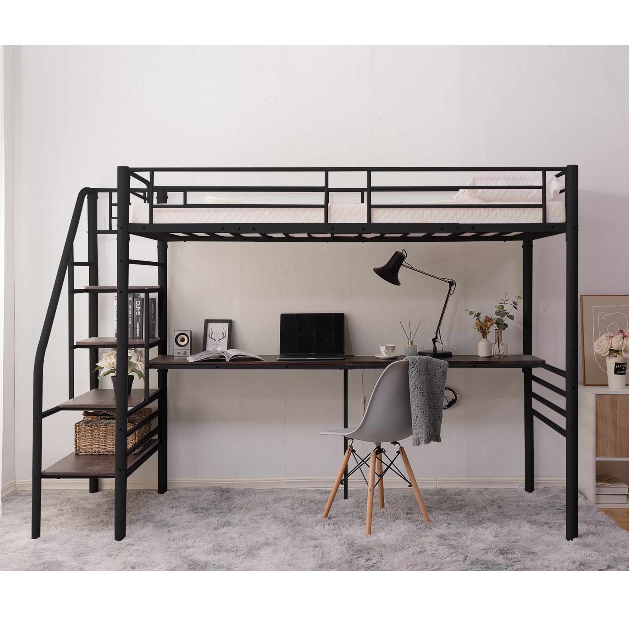 国内発送！A20ロフトベッド 階段付き パイプベッド シングル コンセント付き 収納 子供ベッド 子供部屋二段ベッド スチール 耐震 ベッド シングル パイプベッド パイプ