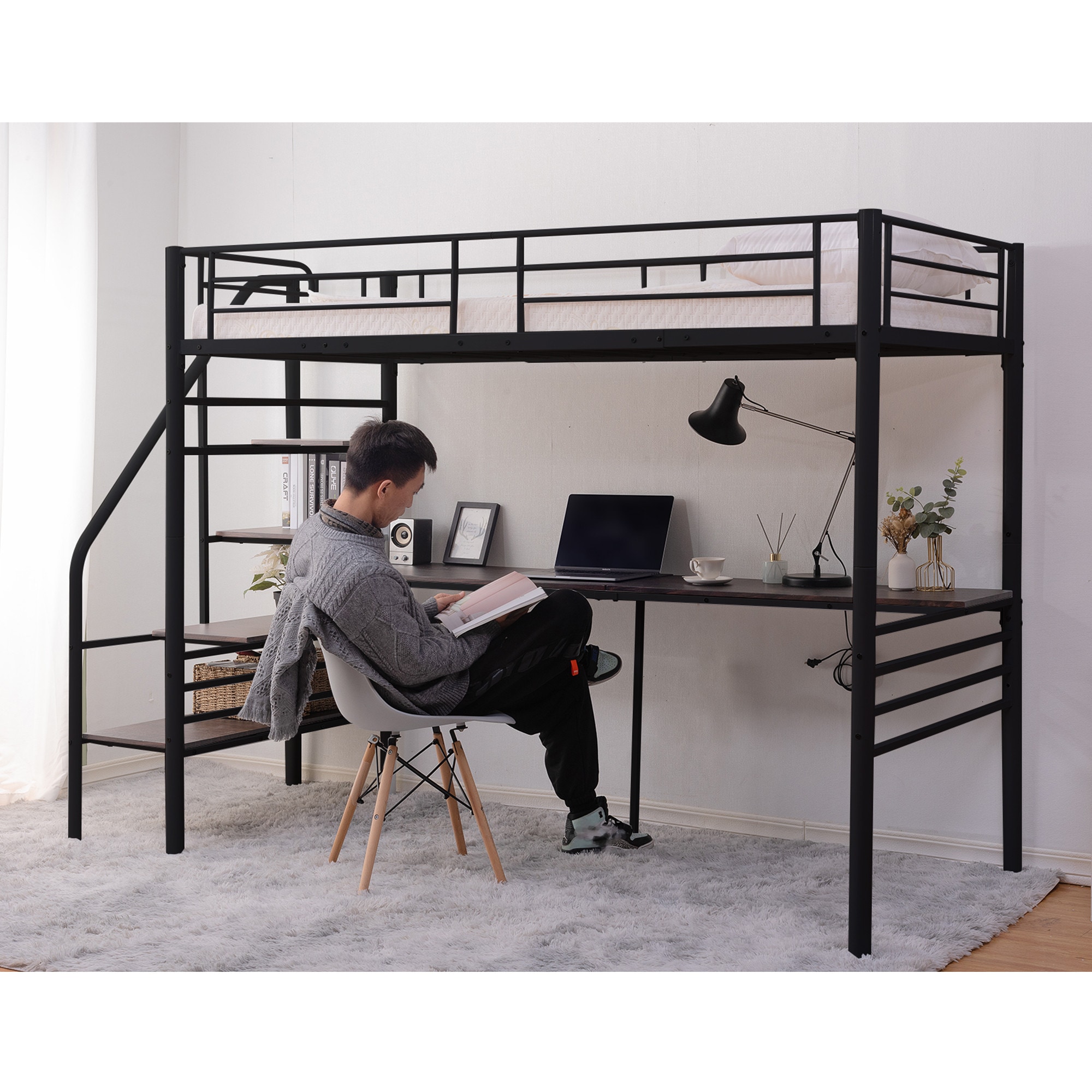 国内発送！A20ロフトベッド 階段付き パイプベッド シングル コンセント付き 収納 子供ベッド 子供部屋二段ベッド スチール 耐震 ベッド シングル パイプベッド パイプ