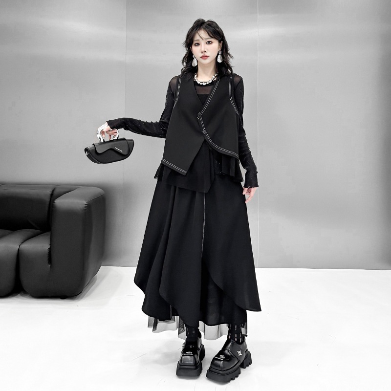 【Noir Mode】 セット ウエストコート+ロングスカート 秋 新作 スリム 万能 ゆったり 大きいサイズ 2点セット 【Noir Mode】 セット ウエストコート+ロングスカート 秋 新作 スリム 万能 ゆったり 大きいサイズ 2点セット