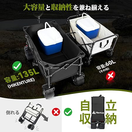 キャリーワゴン【10CM極太タイヤ·ブレーキ付】大容量135L コンパクト 自立収納 ワンタッチ収束型 アウトドアワゴン 静音 キャンプ カート キャンプ ワゴン キャンプ キャリー レジャー BB