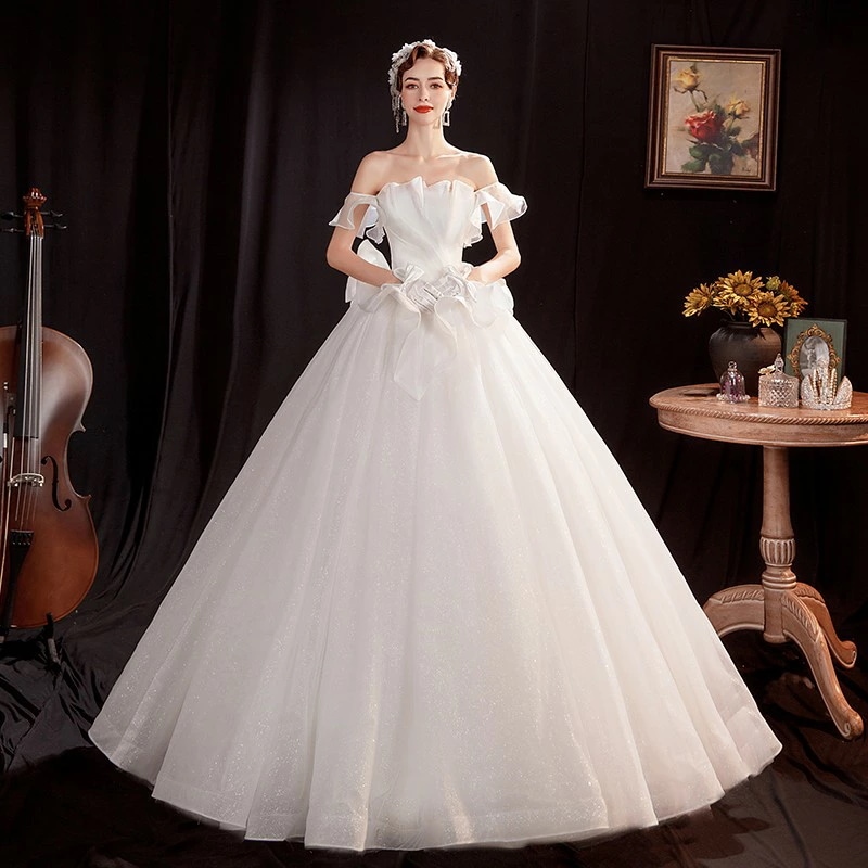 ウェディングドレス 袖あり ロングドレス 白 プリンセスラインドレス きれいめ パーティードレス 無地 ワンピース 二次会 前撮りドレス 結婚式 お嫁さん フォーマルドレス 披露宴 撮影 ハネムーンフ