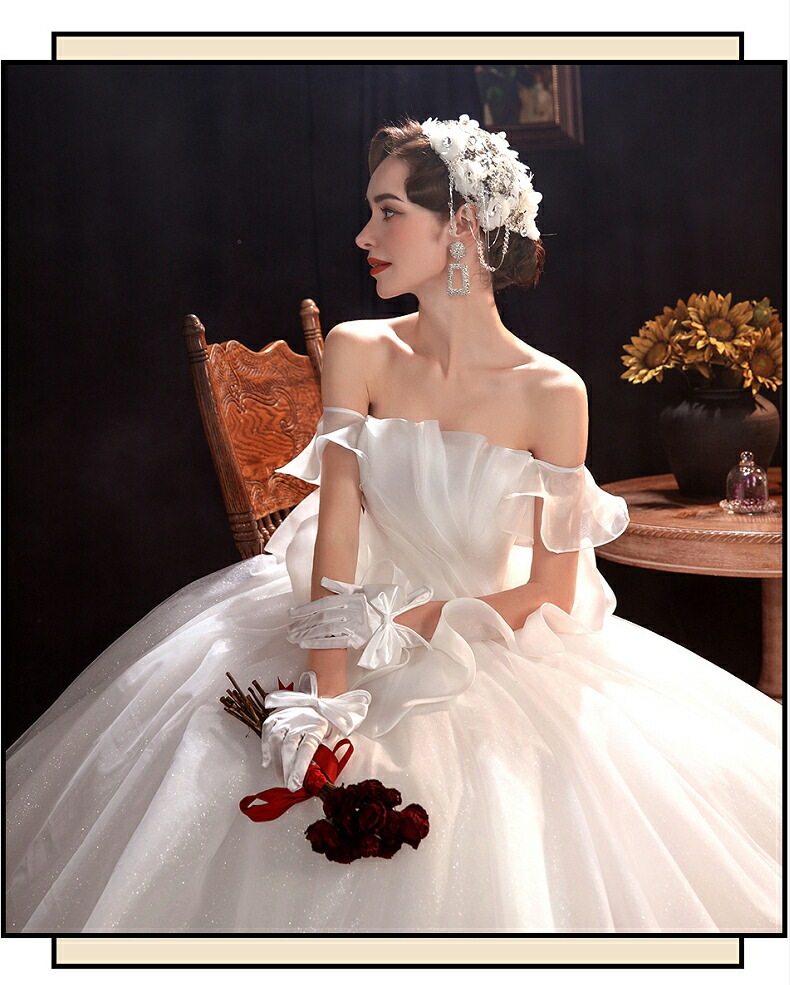 ウェディングドレス 袖あり ロングドレス 白 プリンセスラインドレス きれいめ パーティードレス 無地 ワンピース 二次会 前撮りドレス 結婚式 お嫁さん フォーマルドレス 披露宴 撮影 ハネムーンフ