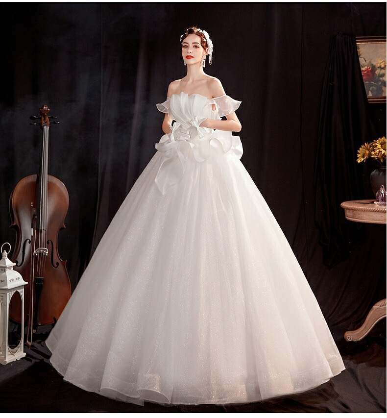 ウェディングドレス 袖あり ロングドレス 白 プリンセスラインドレス きれいめ パーティードレス 無地 ワンピース 二次会 前撮りドレス 結婚式 お嫁さん フォーマルドレス 披露宴 撮影 ハネムーンフ