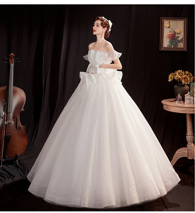 ウェディングドレス 袖あり ロングドレス 白 プリンセスラインドレス きれいめ パーティードレス 無地 ワンピース 二次会 前撮りドレス 結婚式 お嫁さん フォーマルドレス 披露宴 撮影 ハネムーンフ